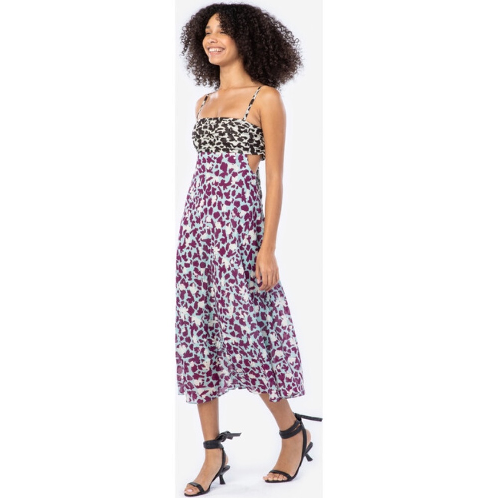 Tanya Taylor Natalie Dress Brushstroke Coral Seasalt 0 Silk Midi, Tie-Back